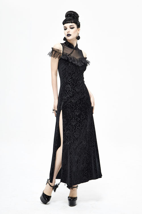 Black Cheongsam Velvet Three Dimensional Print Gothic Dress