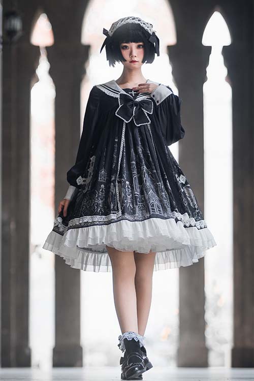Black With Bow ON Chest Cross Print Gothic Lolita OP Dress