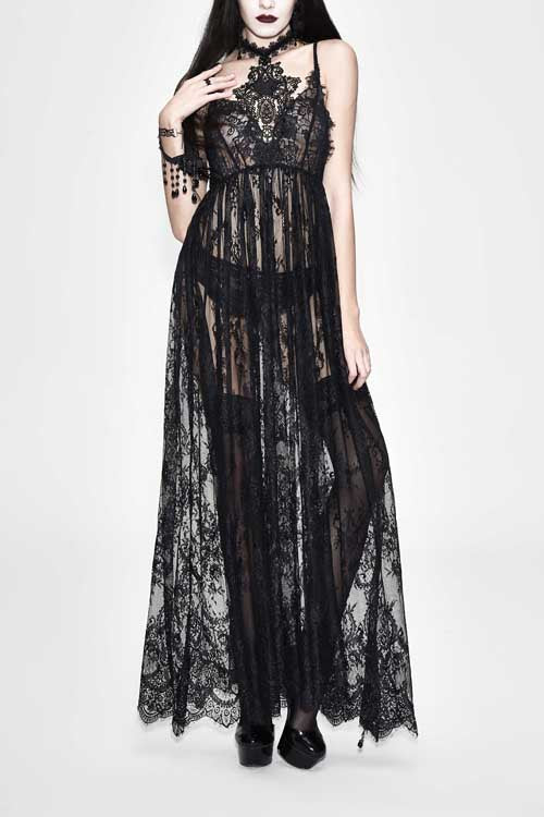 Black Mysterious Night Transparent Lace High Waist Sexy Halter Long Gothic Womens Dress