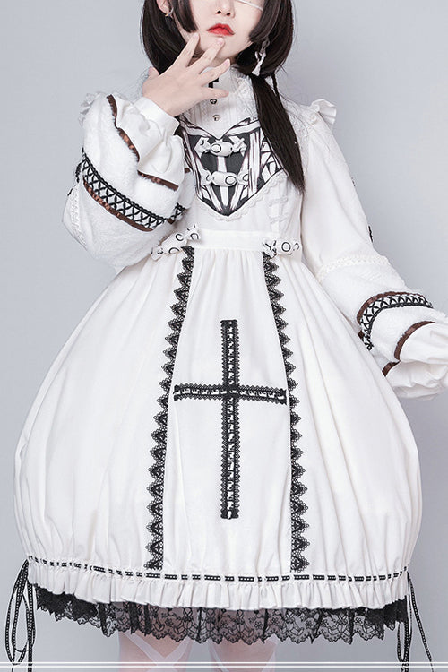 Beige Detachable Hat High Neck Woolen Cuffs Demon Rabbit Gothic Lolita OP Dress