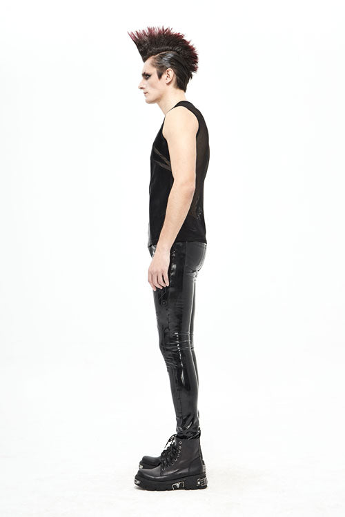 Black Punk Circuit Printed High Quality Stretchy Leather Tight Mens Pants