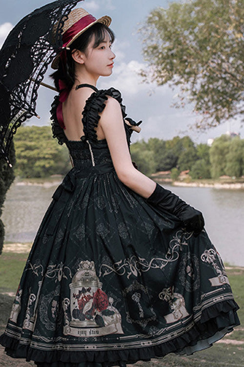 Schwarzes, trägerloses Gothic-Lolita-JSK-Kleid mit Nachtigall-Rosen-Print und Schleife