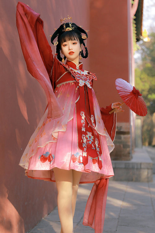 Red Original Strawberry Printed Chinese Embroidered Fake Collar Shawl Sweet Lolita Dress Full Set