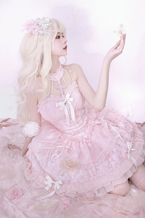 Pink Tube Top Sleeveless Blowknot Ruffled Sweet Lolita Tiered Dress