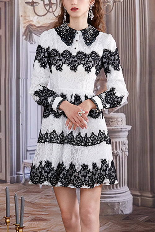 Black/White Lace Pearl Embroidered Doll Collar Long Sleeves High Waisted Sweet Lolita OP Dress
