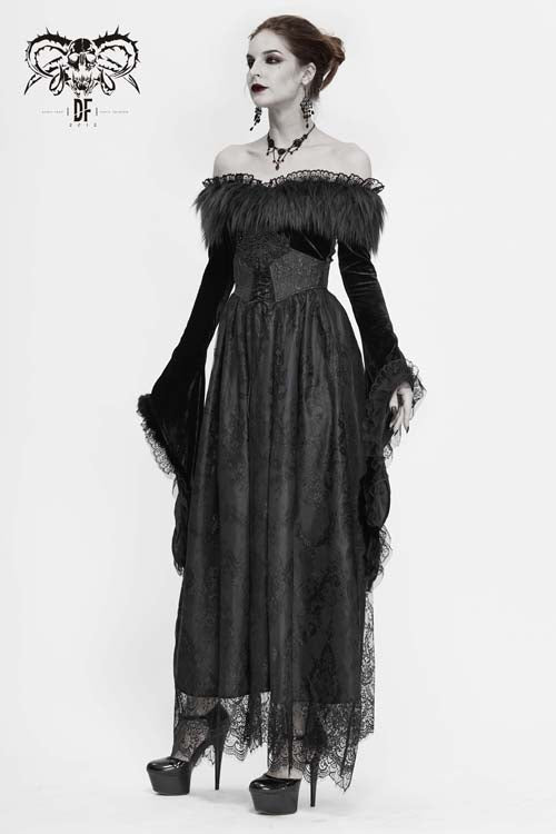 Black Sexy Off Shoulder Lace Pleated Womens Formal Gothic Long Dress With Fur Collar