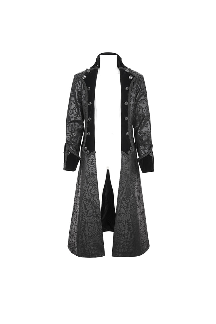 Black Stand Collar Totem Printed Long Men's Gothic Coat