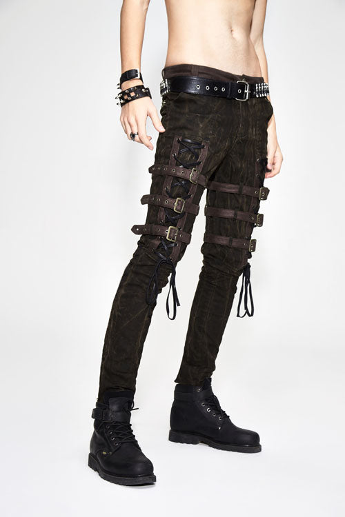 Brown Steampunk Multi Loops Embroider Lace Up Mens Pants