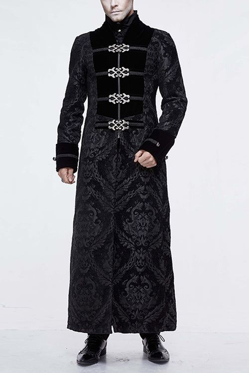 Black Gothic Patterned Metal Buttons Mens Velveteen Long Coat