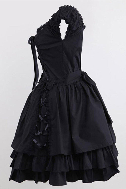 Black Lace Cotton Sleeveless Ruffled Gothic Lolita Dress