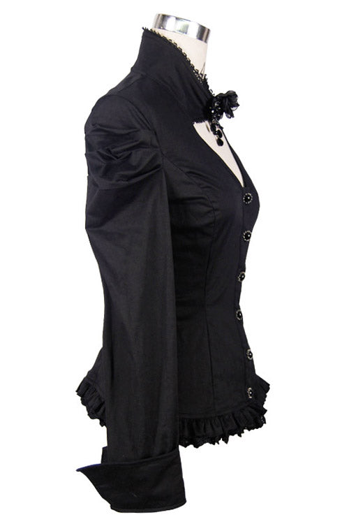 Schwarze Vintage-Bluse mit hohem Kragen und elastischer schmaler Gothic-Bluse für Damen