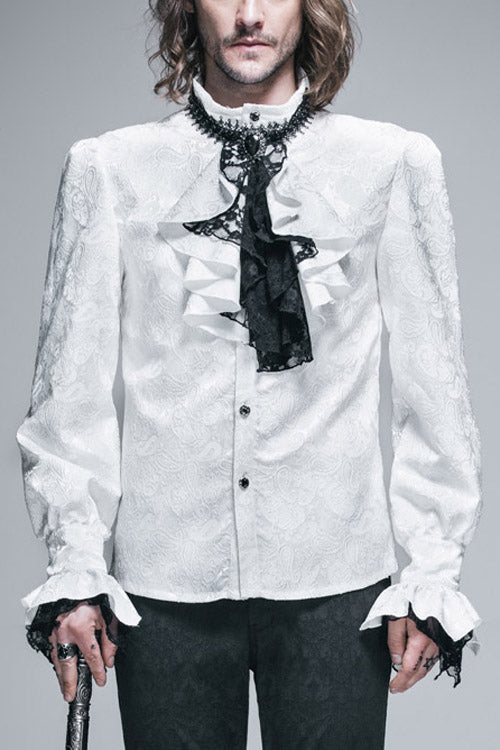 White Shining Rose Print Lace Cuff Mens Gothic Blouse
