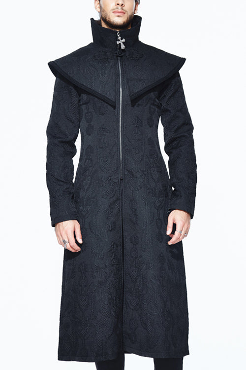 Black Gothic Pattern Mens Coat With Shawl Collar