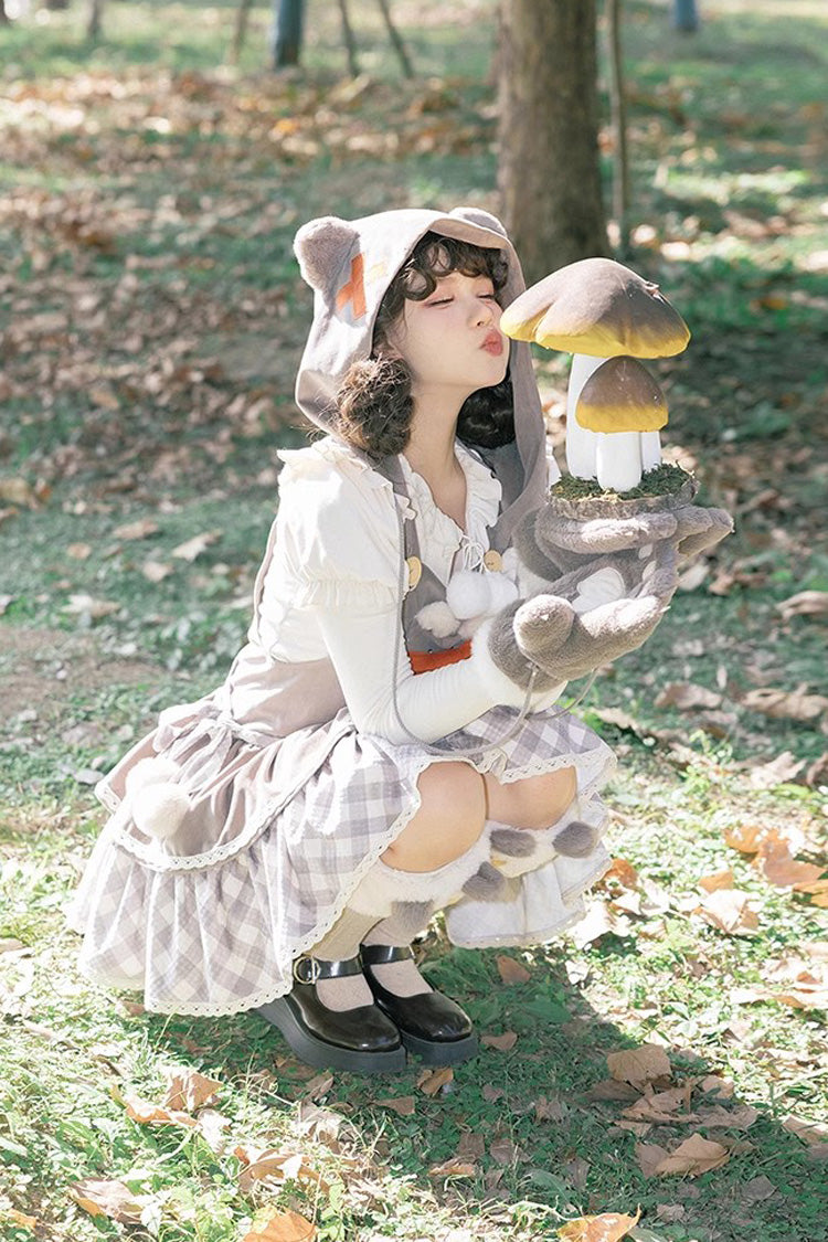 Grey Cute Grizzly Bear Plaid Print Bowknot Sweet Lolita Jsk Dress