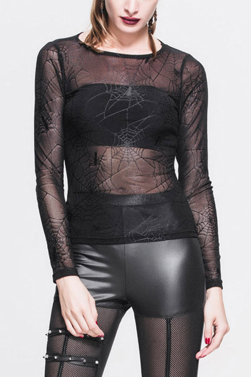 Black Spiderweb Jacquard Classic Style Round Collar Long Sleeves Mesh Women Gothic T-Shirt