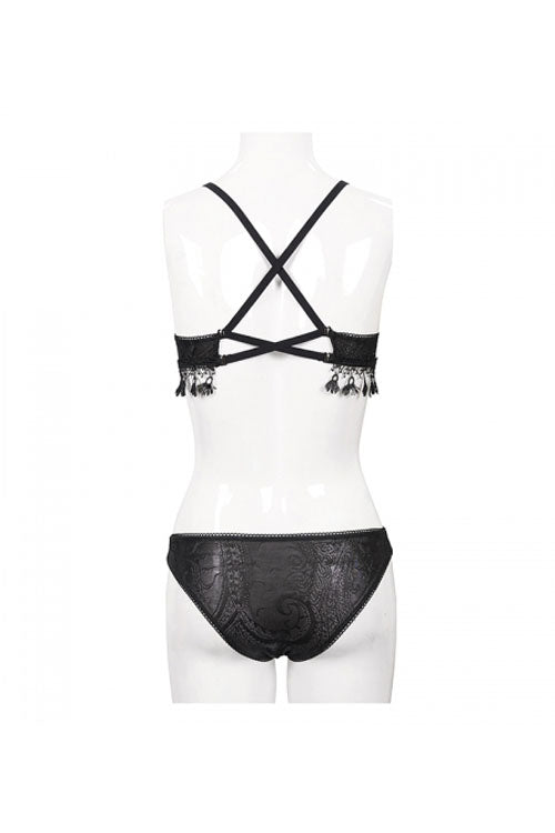 Black Dark Grain Jacquard Tassel Lace Up Gothic Swimsuit