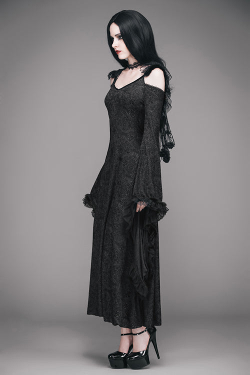 Black Gothic Big Cuffs Stretchy Floral Off The Shoulder Hooded Long Womens Dress