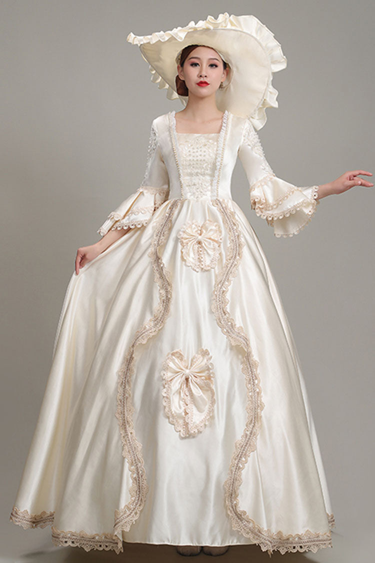 Champagne Multi-Layer Half Trumpet Sleeves High Waisted Bowknot Embroidery Floral Print Victorian Lolita Dress