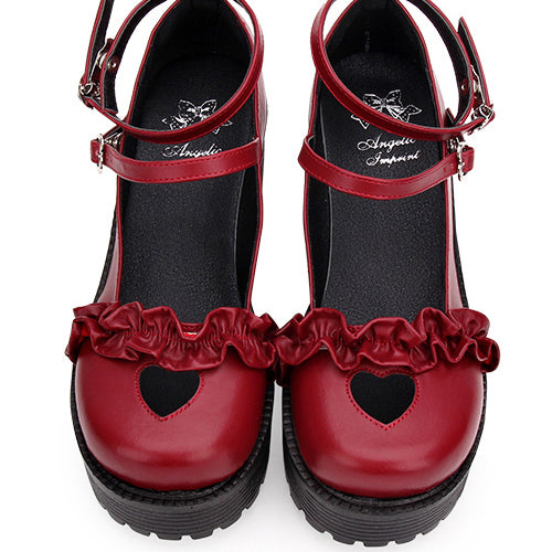 Round Toe Hollow Out Heart Shape Ruffle School Sweet Lolita Shoes