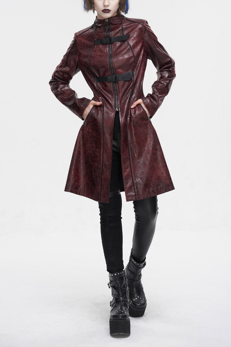 Red Double Buckle Faux Leather Long Women's Punk Coat