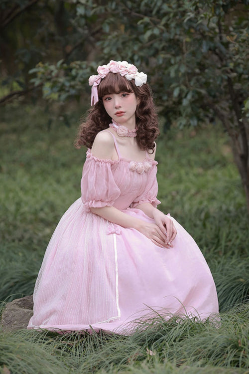 Boat Neck Bubble Short Sleeve Flower Embellished High Waisted Sweet Lolita Dress