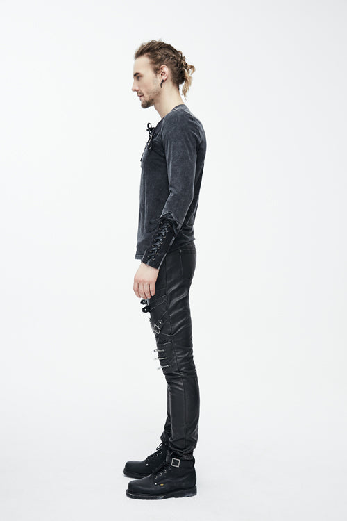 Black Faded Long Sleeves Lace Up Mens Punk T-Shirt