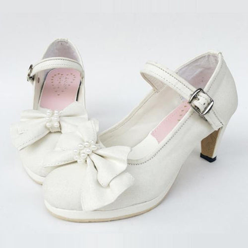 White Pearl Bowknot High Heel Classic Lolita Shoes