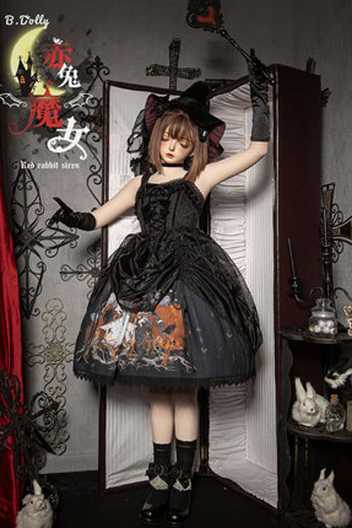 Black Lace Ruffled Organza Material Witch High Waisted Gothic Lolita JSK Dress