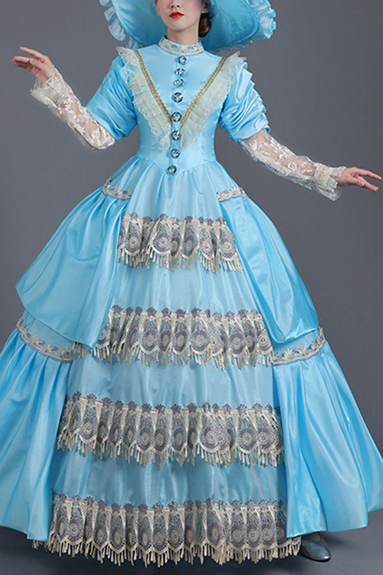 Blue High Waisted Lace Stitching Hollow Embroidery Floral Print Victorian Lolita Prom Dress