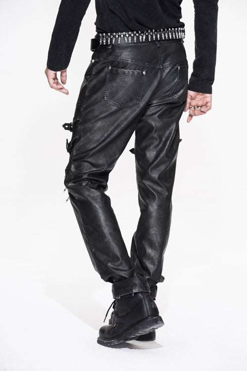 Black Punk Rock Biker Multi Loops Silver Zipper Hand Rubbed Leathers Mens Pants