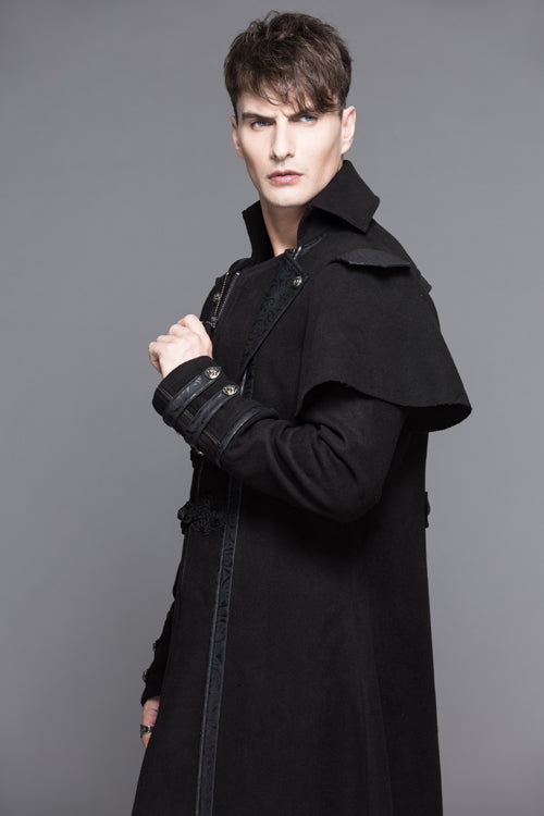 Black Fake Two Pieces High Collar Woollen Mens Gothic Long Coat