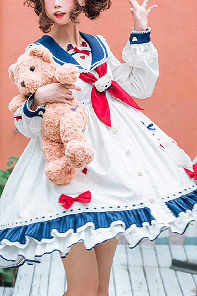 White College Style Navy Collar Chiffon Sea White Bear Print Bowknot Ruffled Sweet Lolita OP Dress