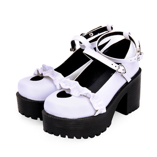 Round Toe Hollow Out Heart Shape Ruffle School Sweet Lolita Shoes