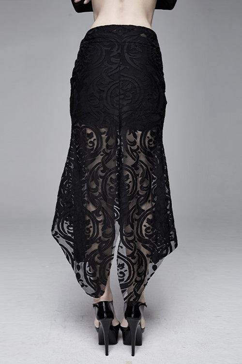 Black Irregular Hem Court Flocking Printed Mesh Sexy Package Hip Fishtail Gothic Skirt