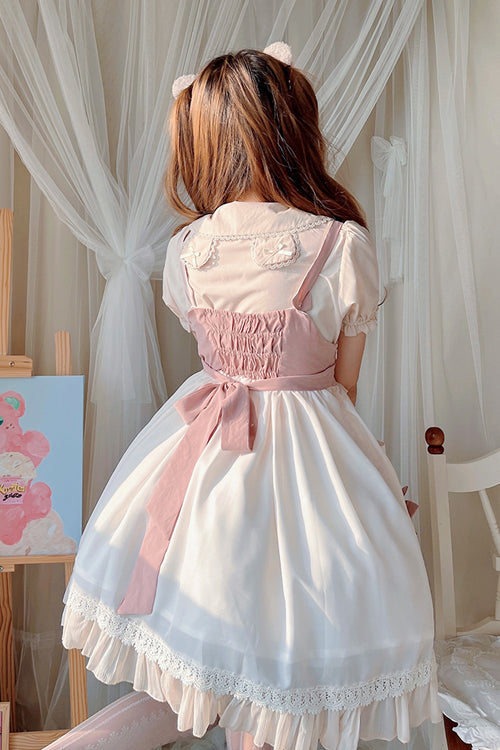 Beige Ruffled Bow Cute Bear Print High Waisted Sweet Lolita JSK Dress