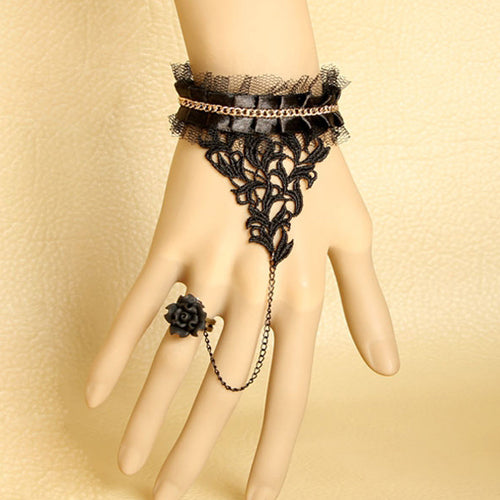 Black Retro Fashion Elegant Lace Rose Flower Female Gothic Ring Bracelet