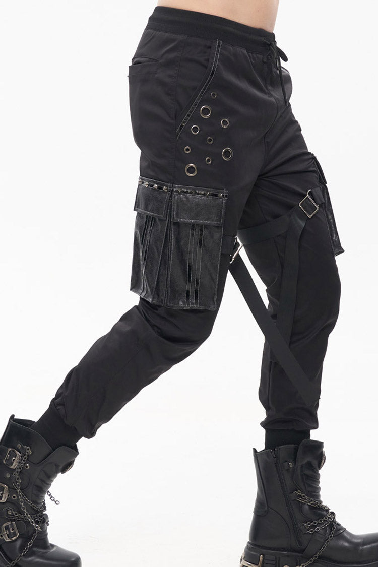 Black Punk Multi-Pocket Leather Splicing Metal Leg Ring Men's Pants