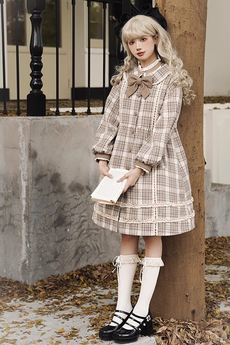 Light Brown Doll Collar Long Sleeves Multi-layer Print Bowknot Sweet College Style Lolita Dress Coat