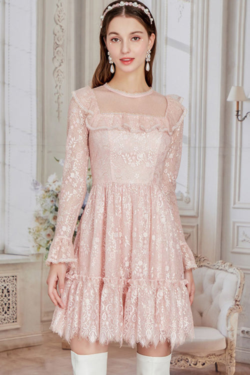 Pink Vintage Lace Round Collar Flower Embroidery Trumpet Sleeves Irregular Hem Sweet Lolita OP Dress