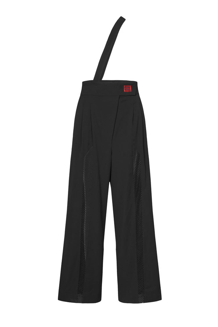 Schwarze Steampunk-Trägerhose für Damen mit hoher Taille und weitem Bein
