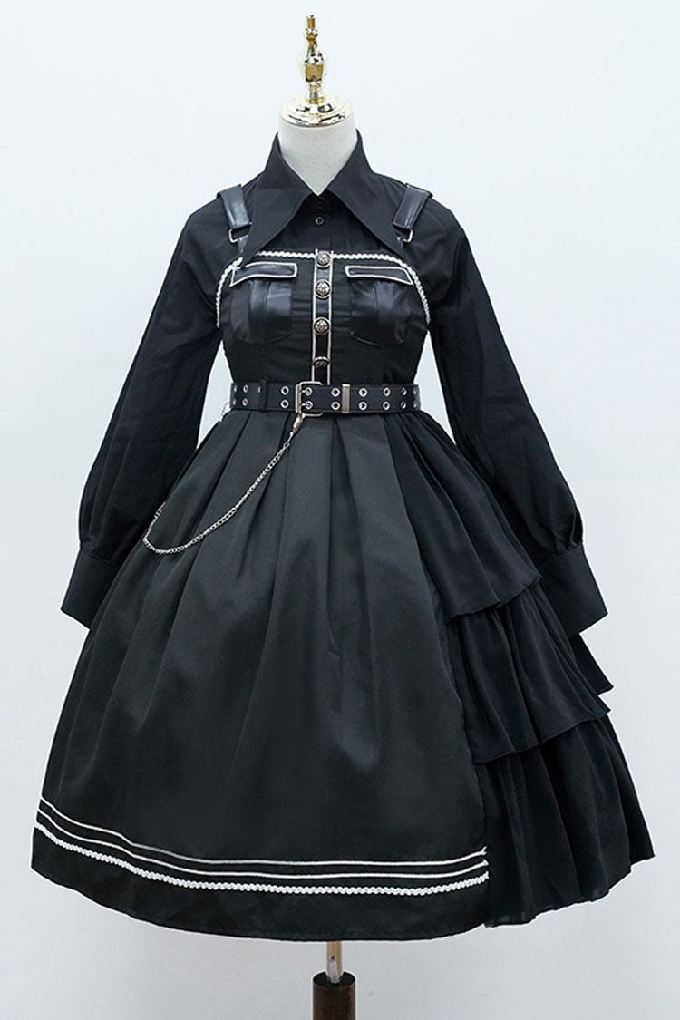Dark V Neck Bowknot Rivets Epaulettes Sleeveless Military Uniform PU Gothic Lolita Jsk Dress