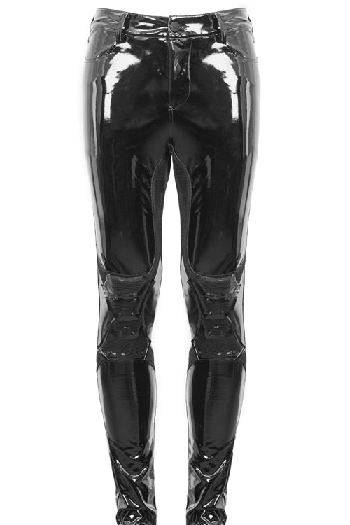 Black Punk Kneepad Shiny Leather Tight Mens Pants