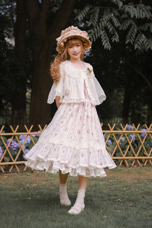 Pink Elegant Vintage Rose Print Multi-Layer Ruffled Sweet Lolita JSK Dress