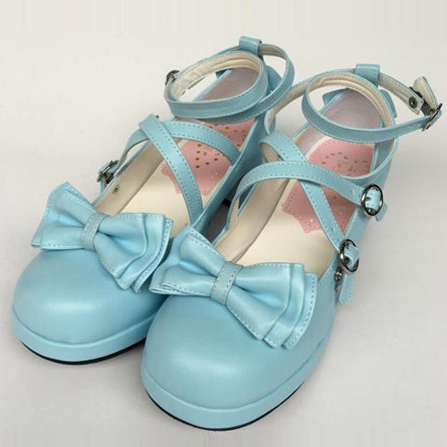 Blue Bowknot Circular Buckle Sweet Lolita Shoes