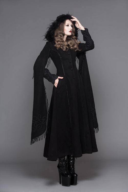 Black Hand Embroidered Shawl Double Sided Tweed Womens Gothic Coat