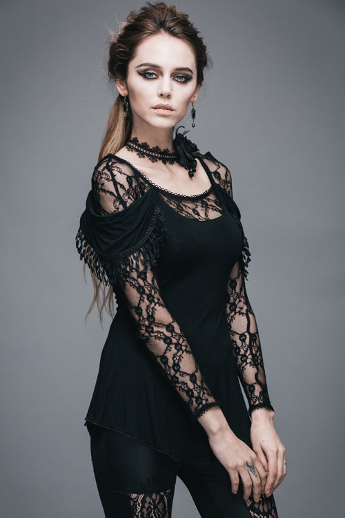 Black Rose Lace Long Sleeves Modal Womens Gothic T-Shirt