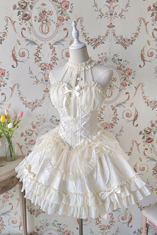 Ivory Tube Top Sleeveless Blowknot Ruffled Sweet Lolita Tiered Dress