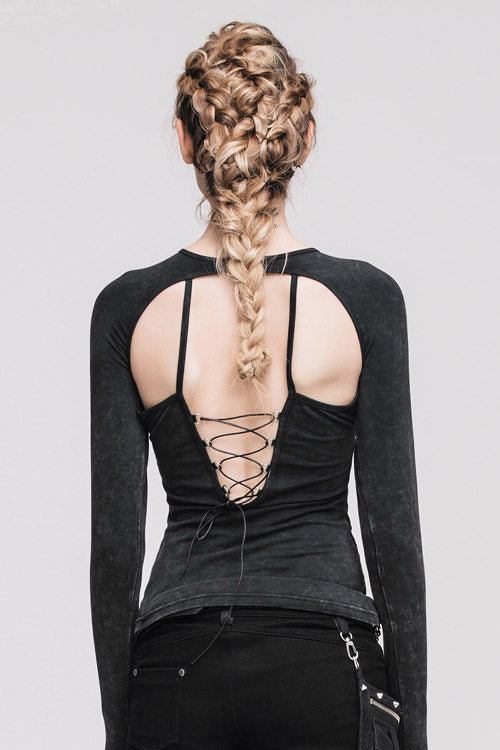 Black Hollow Out Long Sleeves Womens Punk Straps T-Shirt