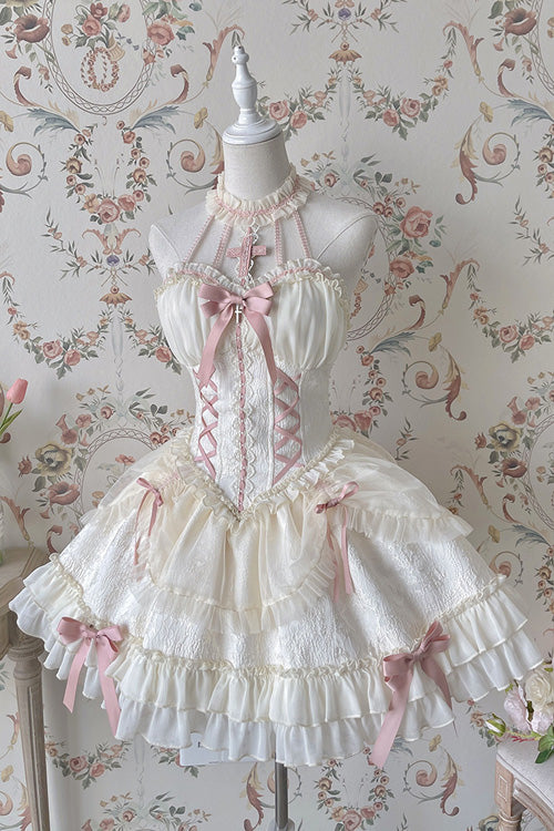 Ivory Pink Tube Top Sleeveless Blowknot Ruffled Sweet Lolita Tiered Dress
