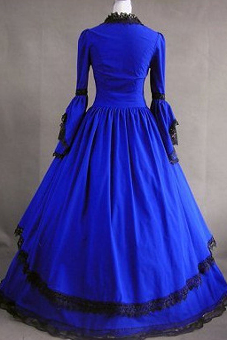Dark Blue Cotton Square Collar Long Sleeves Floor Length Pleats Victorian Gothic Lolita Dress